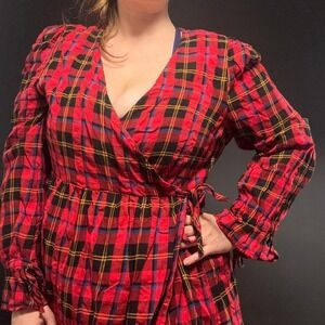 Cottagecore Tartan Plaid Wrap Maxi Dress Long Sleeve Ruffle Cuff Plus Size Red
